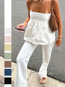 Ensemble Haut Sans Bretelles Avec Ourlet À Volants Et Pantalon Droit Top And Bottom Couleur Unie Décontracté Européen Tenue De Vacances Vêtements Femme