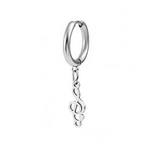 Detail of silver stainless steel hoop earring featuring a musical treble clef pendant