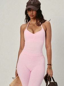 Rosa geripptes Neckholder-Yoga-Top und Set aus Leggings mit hohem Bund für Damen
