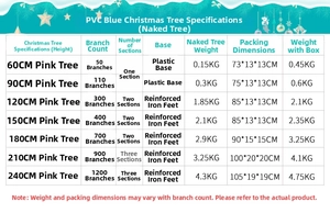 Size chart for PVC Christmas trees showing heights from 60cm to 240cm and base types