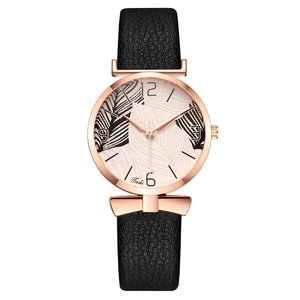 Women Fashion Quartz Watch Rose Gold Case Leaf Print Dial Faux Leather Strap Bowknot Decoration Elegant Lady Wristwatch