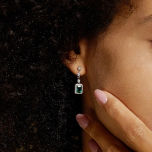 Detail view of emerald cut green gemstone drop earrings with S925 silver setting on model