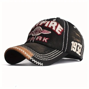 Retro black canvas baseball cap with Spitfire eagle embroidery and brown leather brim