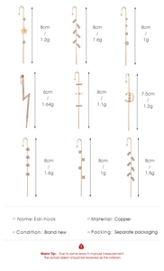 Detailed chart showing nine gold ear-hook designs with crystal inlays and size measurements