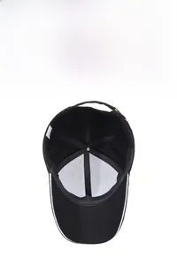 Macro detail of breathable black baseball cap interior with sweatband and metallic buckle