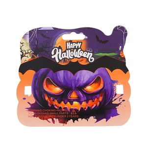 Halloween purple pumpkin display card for festive accessories with hanging hole and safety warnings