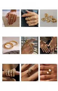 Collage of stainless steel and zircon rings in gold finish with diverse aesthetic designs