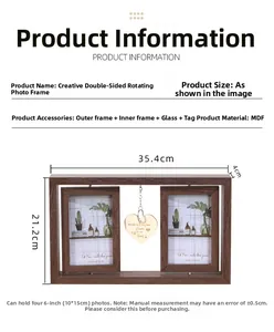 Detail of a brown wooden double rotating photo frame with dimensions 35.4x21.2x4cm