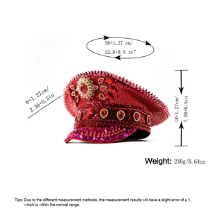Red sequin captain hat with ruby gemstones and punk studs for festive stage performances