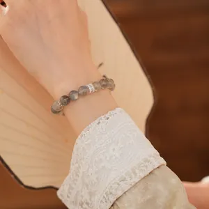 Elegant natural labradorite beaded bracelet for women with silver micro-pave charms