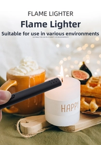 Close-up of a matte black long candle lighter igniting a scented candle in a cozy home setting