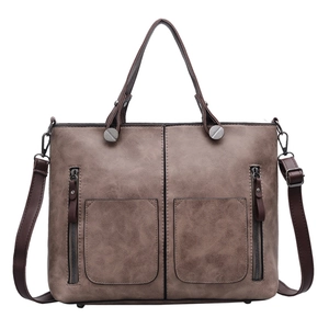 Brown vintage PU leather tote bag with double zipper pockets and adjustable shoulder strap