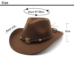 Detail view of brown cowboy hat showing size specs, 8cm wide brim and 12cm height