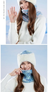 Detailed view of the winter knit set including a pom-pom beanie and cozy neck warmer
