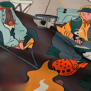 Gros plan sur un textile de camping rétro avec texture tissée fine et motifs d'illustration