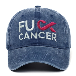 Berretto da baseball in denim blu navy con ricamo FU CANCER e nastro rosa