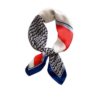 70cm geometric silk scarf featuring bold red, blue, and white patterned color blocks