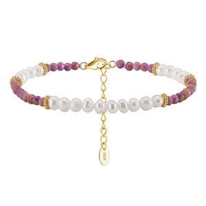 Bohemian S925 gilded bracelet with freshwater pearls and faceted purple gemstones