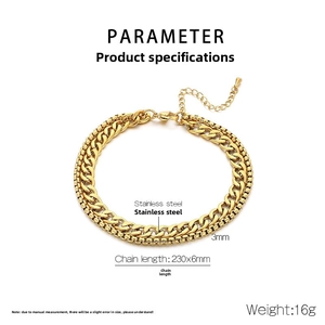 Detail view of 230mm gold stainless steel double chain showing 6mm and 3mm width