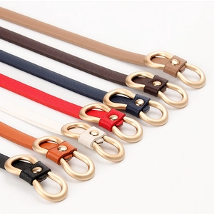 Minimalist women thin PU leather belts with gold figure-8 buckles in assorted colors