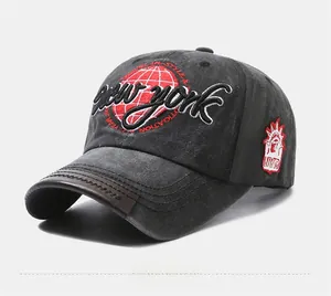 Detail of New York embroidery and Statue of Liberty patch on charcoal washed baseball cap