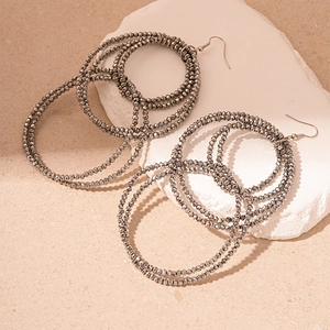 Exaggerated multi-layer beaded hoop earrings with shiny dark grey glass beads