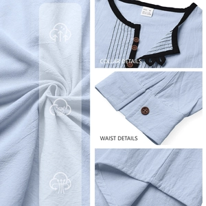 Men's light blue linen beach set featuring breathable long sleeve shirt and pants details