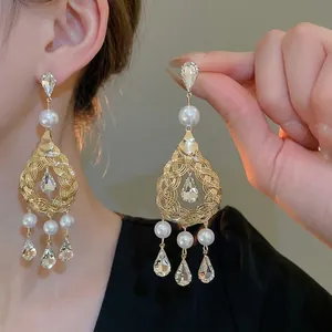 French Vintage Drop Earrings With 925 Sterling Silver Earring Post Copper Hollow Woven Artificial Pearl Teardrop Crystal Women