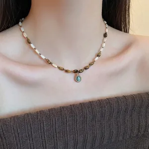 Beaded Necklace With Teardrop Turquoise Pendant Artificial Tiger Eye And Shell Beads French Retro Ethnic Style Jewelry For Women