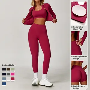 Three-piece yoga set with jacket, sports bra, and high waist leggings in rose red