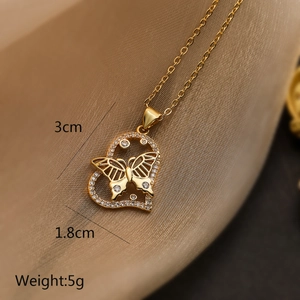 Detailed dimensions of 18K gold plated heart butterfly pendant necklace with zircon
