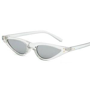 Retro cat-eye triangle sunglasses with transparent frames and grey lenses in 45-degree view