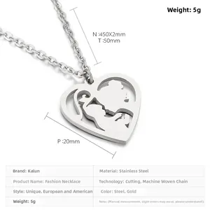 Macro view of mother and child silhouette heart pendant with size and chain measurements