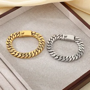 Bracelet Maille Cubaine Acier Inoxydable Avec Strass Pavé Plaqué Or 18K Chaîne Épaisse Hip Hop Pour Hommes Femmes