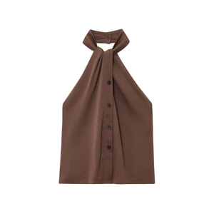 Brown halter neck sleeveless top with black buttons and pleated trousers two-piece set