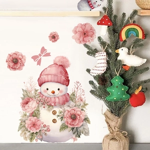 Cute Christmas snowman wall sticker with pink flowers and snowflakes for home decoration