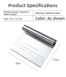 Detail view of 15x11.5cm stainless steel bench scraper with precise scale measurements