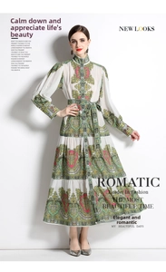 Detailed close-up of tiered skirt design and vintage floral patterns on long-sleeve dress