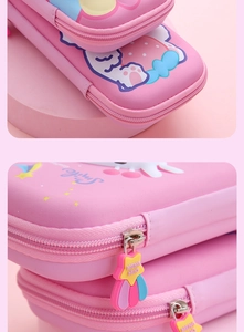 Detail view of pink EVA pencil case featuring stylish zipper pull and cartoon motifs
