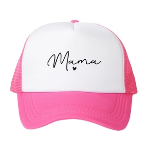 Fashionable pink and white trucker hat with Mama print and breathable mesh back