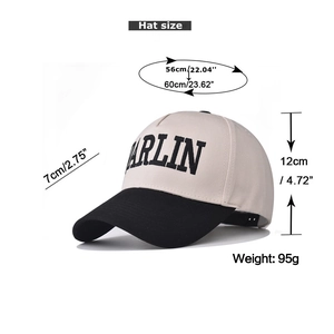 Detail of MARLIN embroidery on contrast cotton baseball cap with dimension specifications