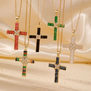 Cross pendant necklace with rectangular zircon stones in six vibrant colors and gold chain