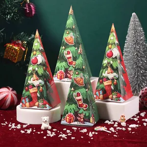 Christmas Tree Candy Boxes Pyramid Cardboard Gift Packaging Bags Holiday Party Favor Cartoon Prints Green Red