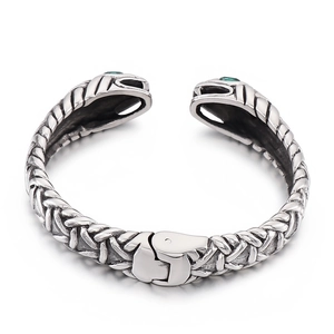 Rock hip-hop style silver stainless steel open bangle with dual snake head design