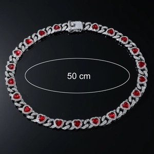 50cm Silver iced out Cuban chain necklace with red heart gems for men hip hop style