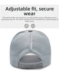 Detail of adjustable velcro strap on grey mesh baseball cap for breathable custom fit