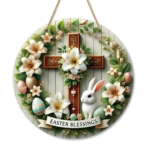 Easter Blessings round wooden door sign with cross, bunny, white lilies and colorful eggs