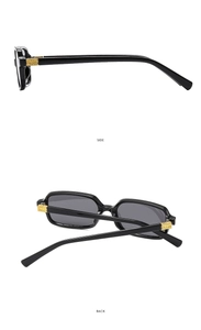 Side and back view of retro square sunglasses with gold metal logo hinges
