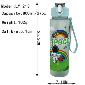 Frosted blue-green astronaut plastic water bottle with straw and dimensions, 800ml capacity