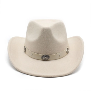 Classic beige western cowboy hat with studded leather band and wide curved brim